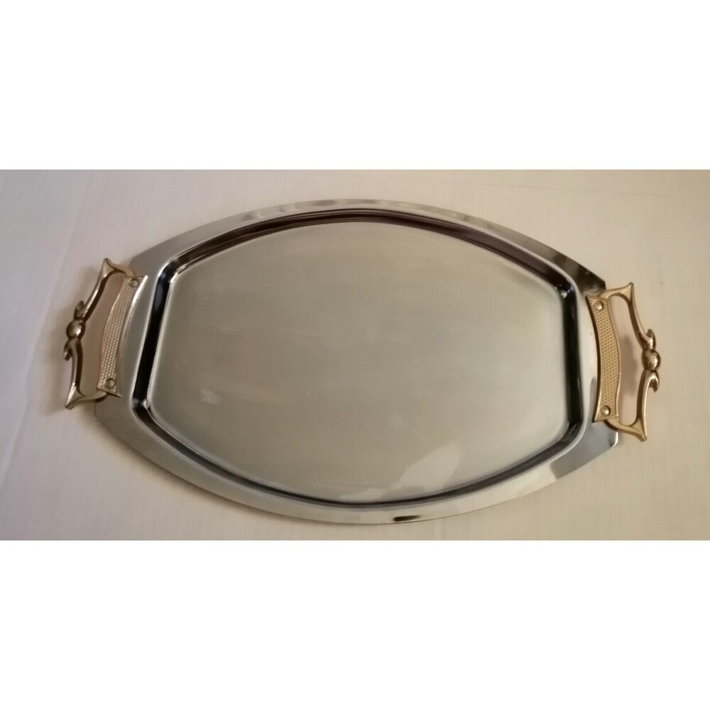 Vintage KROMEX Chrome Serving Tray Brass Handles Mid Century Modern USA Made